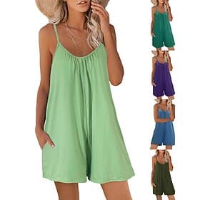 Women's Romper Active Solid Color Sleeveless Baggy Shorts U Neck Pocket Daily Vacation Regular Fit Blue Black Light Green Summer