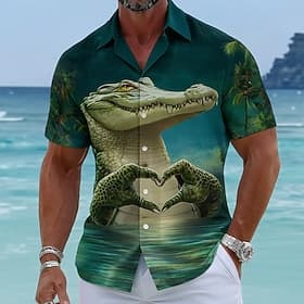 Men's Animal Crocodile Heart-shaped Summer Hawaiian Shirt Tropical Shirts Aloha Shirt Short Sleeve Hawaiian Funny Vacation Beach Wear Summer Spring Turndown 3D