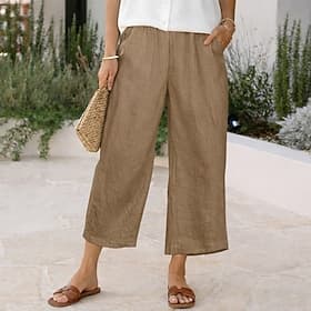 Mujer Pantalones con tacto de lino Pantalones Capri Pantalones Pantalones cortos de verano Vacaciones Moda Básico Longitud total Alta cintura Color sólido Plan