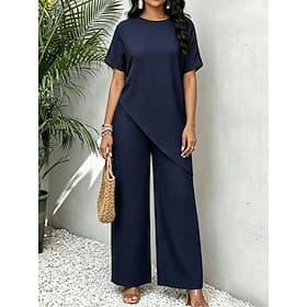 Women's Two Piece Sets Short Sleeve Round Neck Vacation Daily Casual Daily Blue Wine Brown Summer Loose Fit