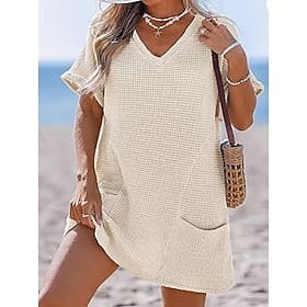 Women's Swimwear Cover Up Swim Dress Dress Swimsuit Patchwork Pocket Vacation Beach Wear Plain V Neck Short Sleeves Bathing Suits