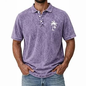 SoftFade™ Men's Palm Tree 100% Cotton Acid Wash Shirt Short Sleeve Polo Shirts Collared Shirts Hawaiian Casual Outdoor Vacation Wear Buttons Spring  Summer Blu