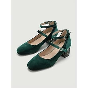 Women's Velvet Block Heel Mary Jane Pumps, Round Toe Double Strap Dress Shoes for Garden Party, Wedding Guest  Daytime Events