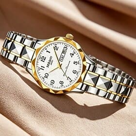 Women's Luxury Watch, Two-Tone Gold Silver Stainless Steel Link Bracelet, Faceted Bezel, Day Date Calendar, Easy Read Arabic Numerals Analog Quartz Dress Watch