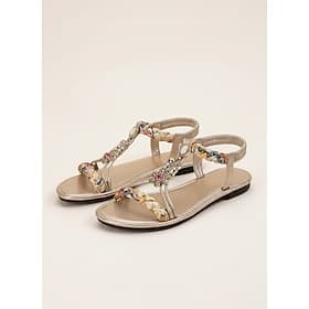 Women's Gold Metallic Flat Sandals with Floral Braided Strap and Gemstone Detailing – Casual Summer Footwear for Beach, Poolside, and Vacation Wear