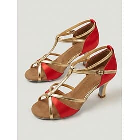 Women's Professional Latin Dance Shoes - Red  Gold Satin Medium Heel