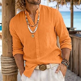 Homme Chemise Chemise d'été Tenue de plage Chemise Boutonnée Uni Occasionnel Quotidien Noir Blanche Orange Gris manche longue Col mandarin Printemps  Été Été V