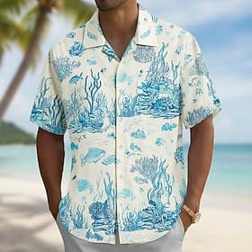 Men's Fish Sea Creatures Coral Shirt Cuban Collar Shirt Summer Hawaiian Shirt Short Sleeve Hawaiian Vacation Holiday Beach Wear Summer Spring Camp Collar Shirt