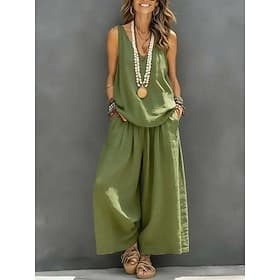 Women's Camis Pants Sets Sleeveless V Neck Solid Color Fashion Streetwear Casual Daily Outdoor Blue Khaki White Spring  Summer Loose Fit