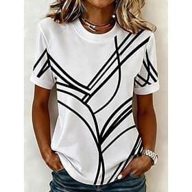 Damen T Shirt Druck Gestreift Grafik Geometrisch Stilvoll Klassisch Lässig Kurzarm Rundhalsausschnitt Lange Oberteile Lässig Täglich Blau Schwarz Weiß Leicht B