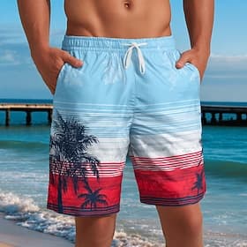 Men's Coconut Tree Striped Tropical Plants Swim Trunks Bathing Suits Swim Shorts Board Shorts Mid Waist Hawaiian Beach Vacation Wear Side Pockets Mesh Lining E