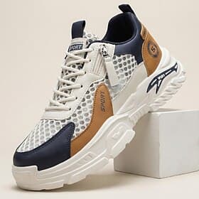 Men's White and Navy Casual Sneakers Lace-Up Lightweight Breathable Comfort Walking Shoes Sport Casual Footwear for Daily Wear, Travel, Outdoor Leisure and Wee