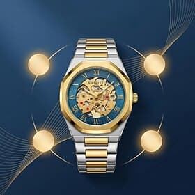 Montre de luxe pour homme, montre-bracelet squelette mécanique à cadran bleu, étanche, en acier inoxydable bicolore, livrée dans un coffret cadeau haut de gamm