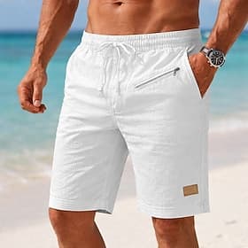 Men's Shorts Linen Shorts Summer Shorts Beach Shorts Drawstring Elastic Waist Zipper Pocket Plain Solid Comfort Soft Short Daily Beach Fashion Chic  Modern Blu