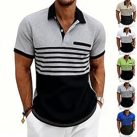 Men's Waffle Polo Shirts Polo Shirts Casual Street Lapel Short Sleeve Basic Modern Striped Lightweight Buttons Summer Spring Regular Fit White Royal Blue Green