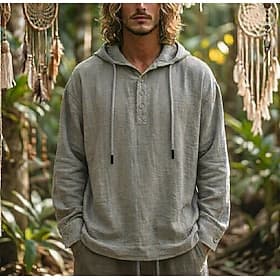 Herren Hemd Leinenhemd Popover-Hemd Sommerhemd Strandbekleidung Kapuzenhemd Einfach Lässig Urlaub Grau Langarm Mit Kapuze Sommer Frühling Bekleidung