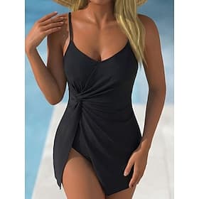 Women's Swimwear One Piece Monokini Swim Dress Swimsuit Ruched Tummy Control High Waist Slim Backless Vacation Beach Wear Solid Color Scoop Neck Sleeveless Bat