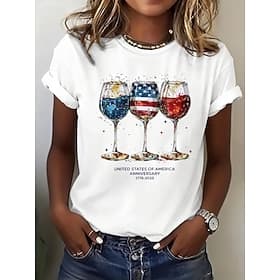 American Independence Day Women's T Shirt Print Graphic Flag Wine Glass Stylish Classic Casual Short Sleeve Crew Neck Regular Tops Daily Blue White Yellow Red