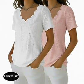 Multi Packs 2pcs Women's Texture Blouse Eyelet Top Pointelle Tee Plain Stylish Basic Classic Short Sleeve V Neck Regular Tops Casual Daily Beach YellowBlack