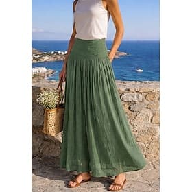 Women's Vacation Skirt Bohemia Vintage Fashion Ethnic Maxi High Waist Skirts Plain Ruched Patchwork Hot Drilling Inelastic Beach Vacation Light Yellow Apricot