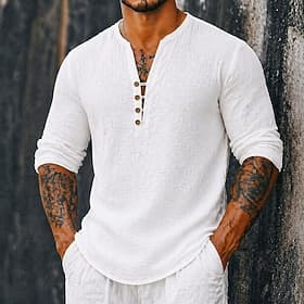Homme Chemise Chemise en lin Chemise popover Chemise d'été Chemise de Plage Couleur Unie Occasionnel Vacances Bleu Noir Blanche Vert manche longue Henley Print