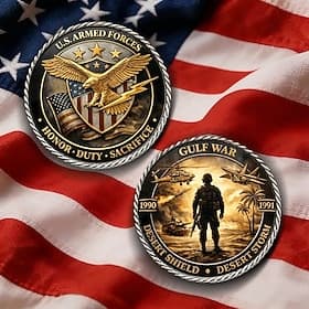 U.S. Armed Forces Gulf War Commemorative Coin 1990-1991, Desert Shield  Desert Storm Military Tribute, Honor Duty Sacrifice Collectible Gift for Veterans