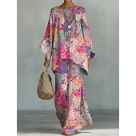 Women's Pants Sets Long Sleeve Round Neck Floral Graphic Print Fashion Streetwear Casual Daily Outdoor Yellow Pink Summer Loose Fit