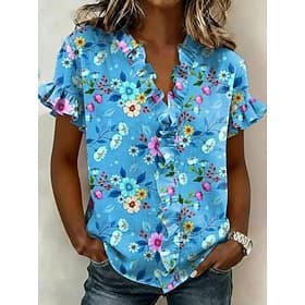 Women's Shirt Tunic Ruffle Floral Graphic Elegant Vintage Fashion Short Sleeve V Neck Regular Tops Casual Daily Blue Pink Orange Green Summer Spring