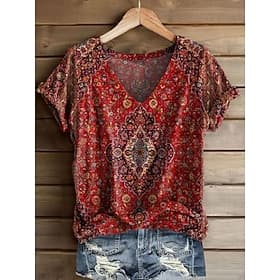Women's T Shirt Print Floral Graphic Plants Vintage Stylish Casual Short Sleeve V Neck Regular Tops Daily Weekend Blue Yellow Pink Wine Red Summer Spring