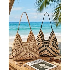 Women's Boho Woven Shoulder Tote Bag, Large Capacity Crochet Handbag in Multi Colors, Casual Beach Vacation Hobo Purse for Summer Travel, Resort, Everyday Use
