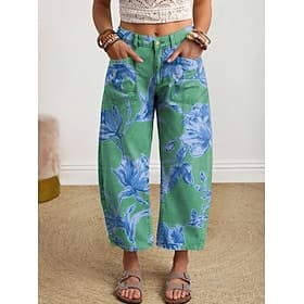 Damen Weites Bein Chinos Stoffhosen Abgeschnittene Hose Urlaub Vintage Basic Knöchellang Hohe Taille Blumen Grafik Elastischer Bund Druck Bequem Komfort Atmung
