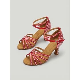 Escarpins rouges à strass pour femmes, bout ouvert, style salsa de salon - chaussures de danse latine à brides