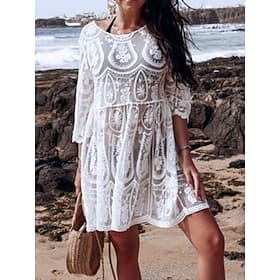 Women's Swimwear Cover Up Swim Dress Swimsuit Lace Vacation Beach Wear Solid Color Round Neck Short Sleeves Bathing Suits