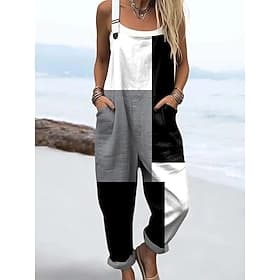 Women's Overall Active Graphic Sleeveless Sleeveless Square Neck Pocket Print Daily Beach Loose Fit Black White Orange Summer