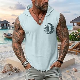 Men's Sun Moon Celestial Eclipse Boho Mystic Vintage Coastal Sleeveless Hooded Vest Graphic Frayed Raw Hem Loose Fit Summer Beach Vacation Designer Clothing Ap