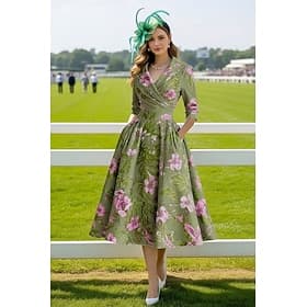 Ligne A Longueur thé Robe de Soirée Robe de Cocktail Robe d'invité de mariage Robe de Soirée Élégant ancien Manche 3/4 Col de chemise Mariage Formel Jacquard a