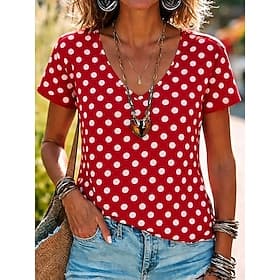 Damen T Shirt Druck Gestreift Grafik Geometrisch Tupfen Stilvoll Klassisch Lässig Kurzarm V Ausschnitt Normale Oberteile Lässig Täglich Blau Gelb Hellgrün Rote