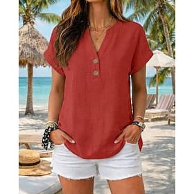 Women's Blouse Buttons Solid Color Stylish Casual Short Sleeve V Neck Regular Tops Daily Blue Black White Red Apricot Summer Spring
