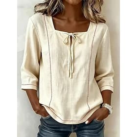 Women's Shirt Blouse Plain Striped Stylish Classic Modern 3/4 Length Sleeve Square Neck Long Tops Casual Daily Beach White Yellow Navy Blue Sky Blue Apricot Su