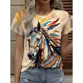 Femmes T-shirt Imprimé Graphique Animal Cheval Élégant Classique Occasionnel Manche Courte Col ras du cou Col rond Hauts Réguliers Quotidien Blanche Jaune Rose