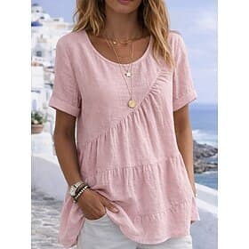 t-shirt da donna effetto lino, maglietta arricciata, tinta unita, alla moda, elegante, classica, manica corta, girocollo, top regolari, per tutti i giorni, per