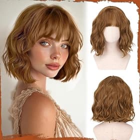 Short Wavy Auburn Wig - 12 Inch Dark Ginger Bob Wig with Bangs for Women Curly Shoulder Length Bob Wig with Bangs Soft Synthetic Hair Wigs for Girls Daily Part