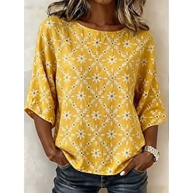 Women's Blouse Print Floral Graphic Bohemia Vintage Tropical Short Sleeve 3/4 Length Sleeve Crew Neck Regular Tops Casual Daily Vacation Wear Blue Yellow Summe