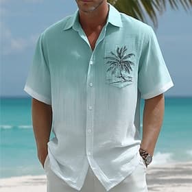 Herren Kokospalme Farbverlauf Tropische Pflanzen Hemd Hawaiihemden Alohahemd Kurzarm Hawaiianisch Urlaub Ferien Sommer Umlegekragen 3D-Druck Eine Tasche vorne