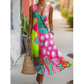 Women's Midi Dress Boho Dress Shirt Dress Sundress Elegant Bohemia Ethnic Beach Holiday Regular Fit Floral Graphic Abstract Sleeveless V Neck Pink Green Beige
