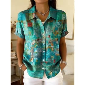 Per donna Camicia Bottoni Stampato Grafico Geometrico Paisley Quotidiano Elegante Casual Manica Corta Colletto a Camicia Top Regolari Casuale Quotidiano Verde
