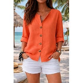 Women's 100% Cotton Blouse Faux Linen Shirt Buttons Solid Color Daily Casual 3/4 Length Sleeve V Neck Long Tops Daily Beach Black White Red Orange Green Summer