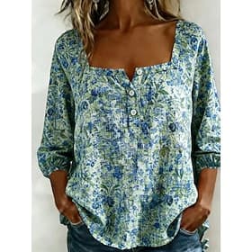 Women's Blouse Print Floral Graphic Vintage Daily Stylish Long Sleeve Half Sleeve Square Neck Regular Tops Casual Daily Blue Light Green Summer Spring