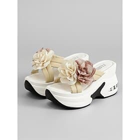 Sandali con zeppa da donna gialli a fantasia floreale, ciabatte con plateau decorate con fiori 3D, comode scarpe casual a punta aperta per l'estate, la spiaggi