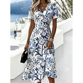 Women's Midi Dress A Line Dress Vacation Casual Boho Daily Regular Fit Floral Graphic Short Sleeve V Neck Blue White Orange Summer Spring